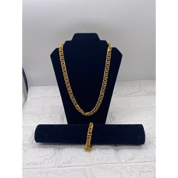 Bulky Cuban Chain Jewelry Gold Tone Unisex Fashion Jewelry Set Necklace and Brac - Picture 11 of 13